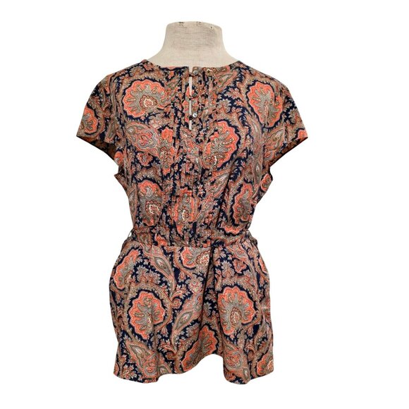 Tommy Hilfiger Womens Paisley Peplum Top Large Tie Back Belted Boho Chic Western - Picture 1 of 12